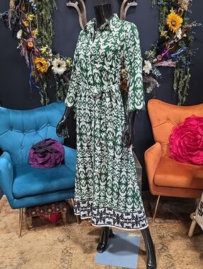 Sincerely Jules Green and White Printed Maxi Button Down Dress or Duster